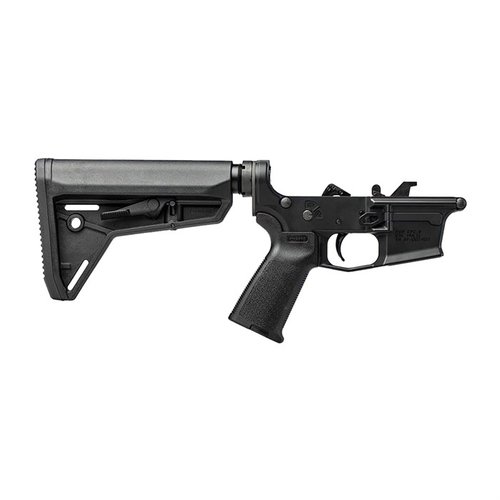 The Aero Precision EPC-9 Complete Lower features a Magpul MOE Grip, MOE SL Stock, and flared magazine well, ensuring a rugged, custom AR9 build.
