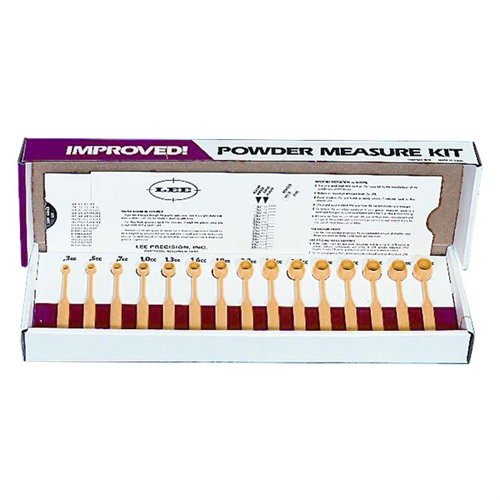The Lee Powder Measure Dipper Kit offers precision with 15 graduated dippers from .3cc to 4.3cc, plus a slide card for easy powder dispensing.