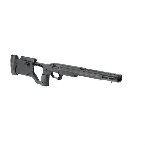 The KRG X-Ray Chassis offers lightweight design, AICS magazine compatibility, adjustable buttpad, and ergonomic features for optimal shooting performance.