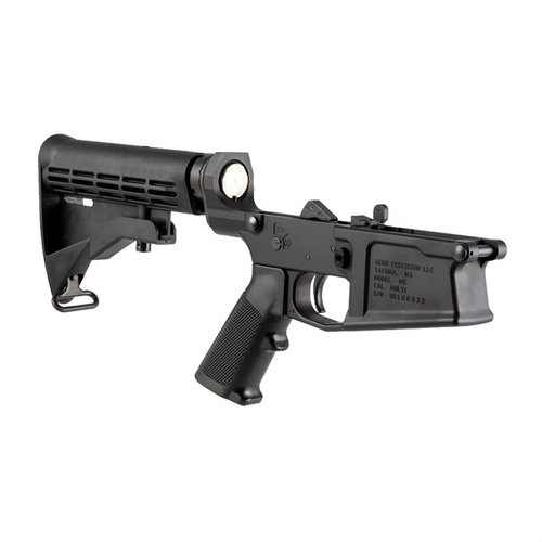 The Aero Precision M5 .308 Complete Lower Receiver features a robust design, compatibility with standard components, and an integrated trigger guard for enhanced performance.
