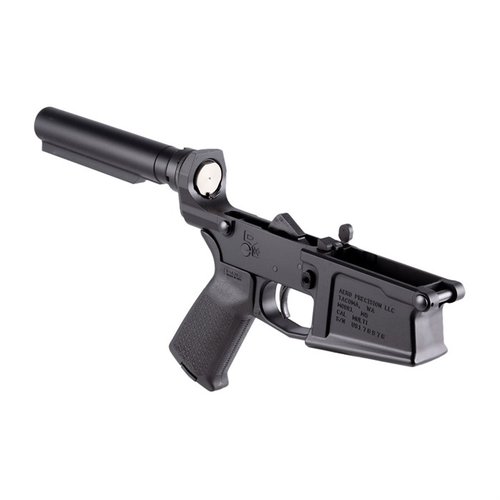 The Aero Precision M5 .308 Complete Lower Receiver features a Magpul MOE Grip, threaded bolt catch, and compatibility with standard AR .308 components, minus stock.