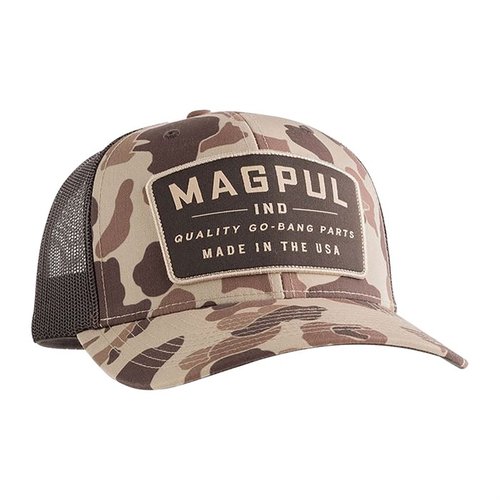 Experience comfort and durability with the Magpul GO BANG Trucker Hat, featuring a breathable mesh back, adjustable snap closure, and stylish embroidered patch.
