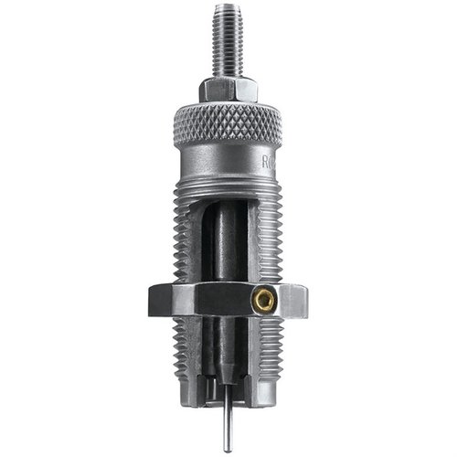 The RCBS 9mm Luger Carbide Sizer Die sizes and de-primes cases effortlessly, with a carbide sizer ring that removes the need for lubrication, ensuring smooth operation.