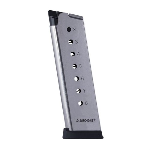 The MEC-GAR 1911 45ACP magazine features expert craftsmanship, durable carbon steel construction, and a reliable 8-round capacity, ensuring optimal performance.