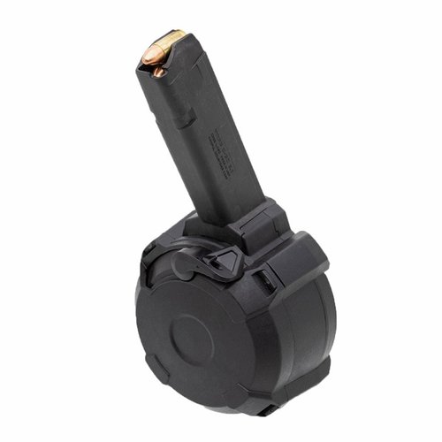 The Magpul D-50 GL9 offers a 50-round capacity, easy loading with a ratcheting mechanism, and features a bolt hold-open device for Glock handguns.