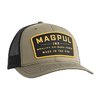 The Magpul Go Bang Trucker Hat features a structured mid-crown design, breathable mesh back, and adjustable snap closure for ultimate comfort and durability.