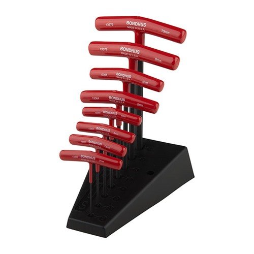 The BONDHUS T-Handle Hex Tool Set features solid steel handles, an ergonomic design, and a flywheel effect for efficiency, with 8 metric sizes for versatile use.