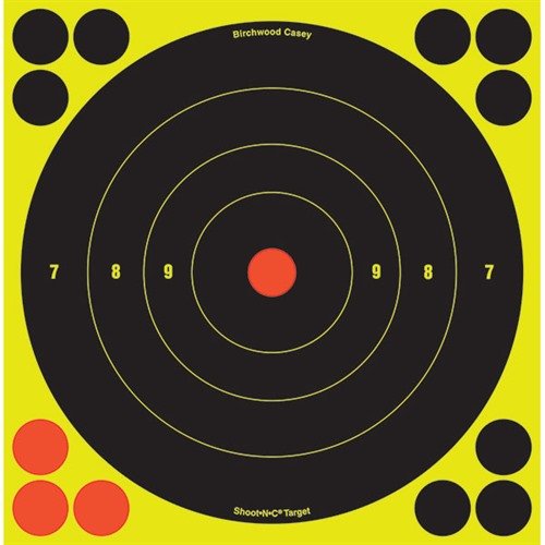 The SHOOT-N-C® 8" Bullseye targets make hits instantly visible with bright halos, feature a self-adhesive backing, and include various target sizes for versatile shooting.