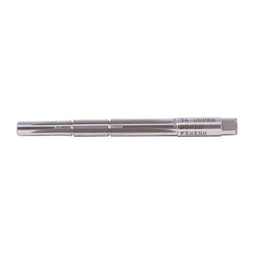 The Clymer Rimmed Finisher Style Reamer for .38 Super Nonte ensures precise chambering with solid pilots and integral throats, ideal for various handgun cartridges.