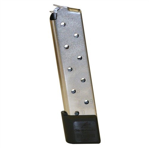 The Chip McCormick 1911 10RD .45 ACP Power Magazine offers premium reliability, flawless feeding, robust construction, and a visible round count for optimal performance.