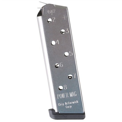 The Chip McCormick 1911 8RD 45ACP Power Plus Magazine ensures flawless feeding, durability, and reliability, with an advanced anti-tilt follower for superior performance.