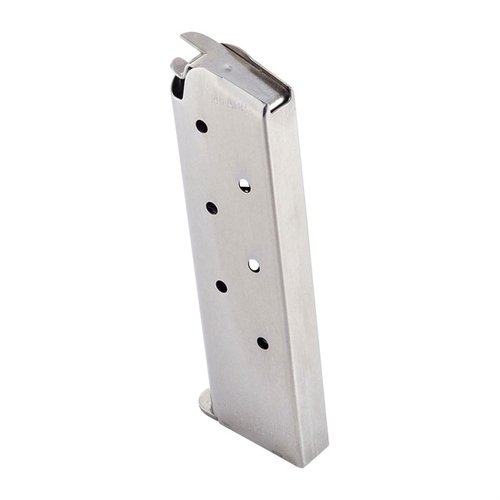 .45 ACP 7-round magazine for full-size 1911s, featuring durable stainless steel, flush fit for easy concealment, and witness holes for round count.