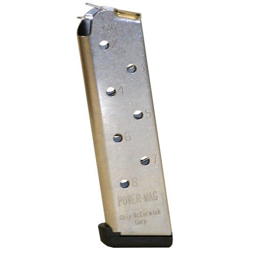 .45 ACP 8-round magazine designed for reliability with roll-formed feed lips, heat-treated Rocket Wire spring, and durable stainless steel construction.