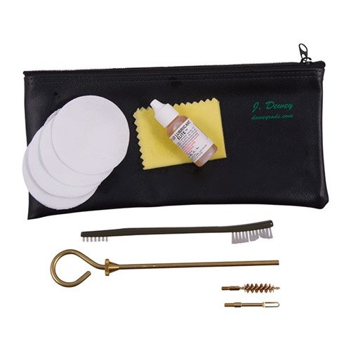 The DEWEY 9MM/.38 Cal. Pistol Kit includes essential tools like brass rods, bore brushes, lubricant, and cleaning cloths, all in a compact tube for easy storage.