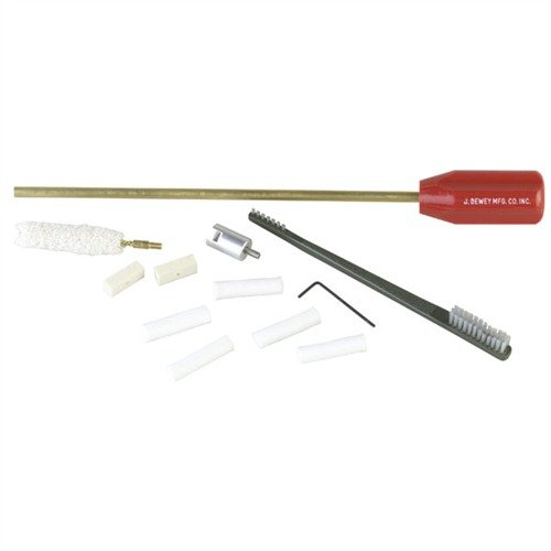 The Dewey Bolt Action Cleaning Kit effectively cleans hard-to-reach chambers and lugs with its all-cotton mop, lug recess cleaning head, and durable brush.
