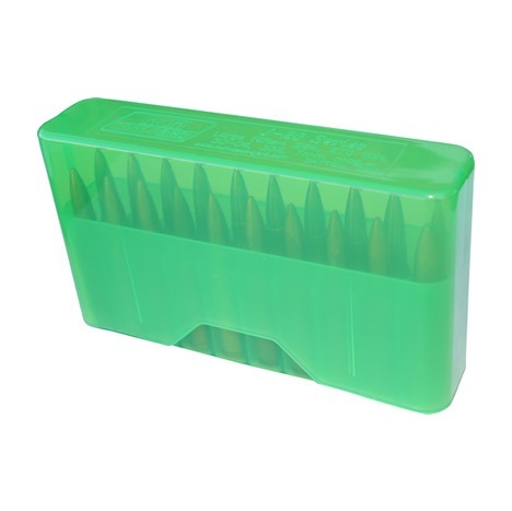 The MTM Slip Top Rifle Ammo Box securely holds 20 rounds of 17 Rem-351 WSL ammo, measuring 2.35" high, ensuring easy access and protection for your cartridges.