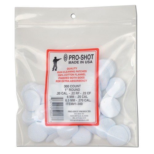.22-.270 caliber 1 inch round patches from Pro Shot Products, Inc. offer superior cleaning performance with 300 patches per pack for efficient maintenance.