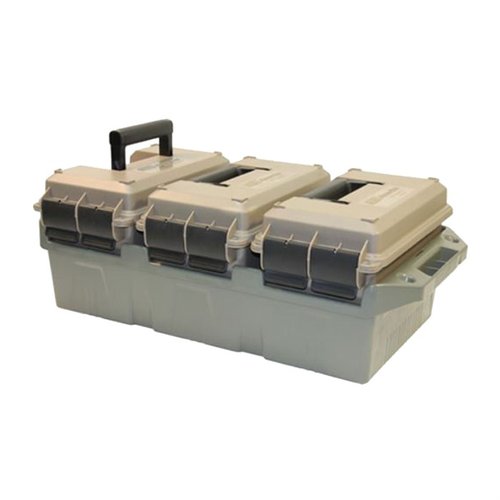 The MTM 3-Can Ammo Crate 50 Cal Dark Earth offers durable storage for your ammunition, featuring a secure, stackable design that keeps your gear organized and protected.