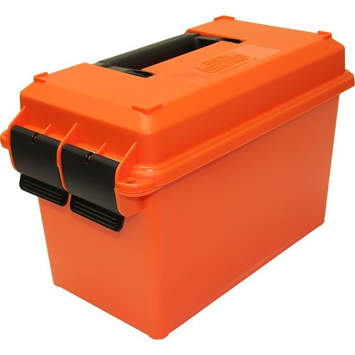 The MTM CASE-GARD 50 Caliber Ammo Can Orange offers durable storage for ammunition, a waterproof design, and a vibrant color for easy identification.