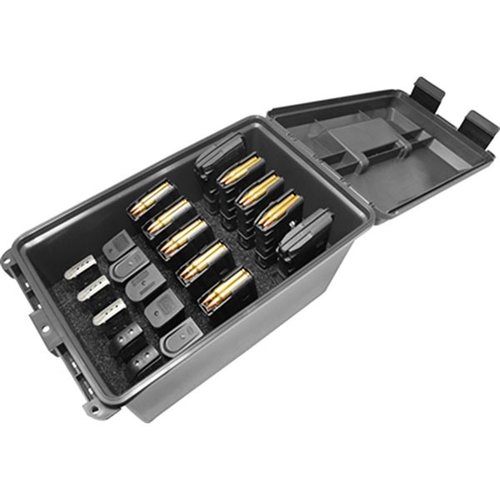 The Tactical Mag Can securely holds 10 (30 Rd) AR mags and 10 double stack magazines, ensuring easy transport and quick access for your shooting needs.