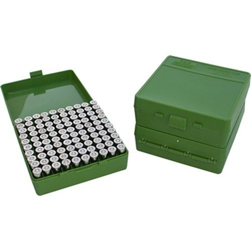 The MTM Ammo Box holds 100 rounds, featuring a flip-top design for easy access and compatibility with 40, 10mm, and 45 ACP cartridges, ensuring convenience and durability.