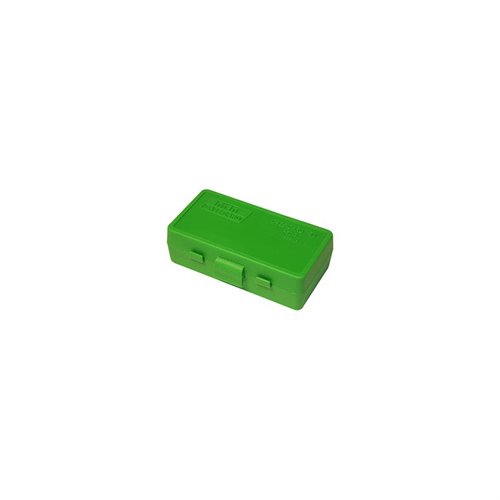 The MTM Ammo Box holds 50 rounds for 25 ACP and 32 LC, featuring a convenient flip-top design for easy access and secure storage, perfect for shooters.