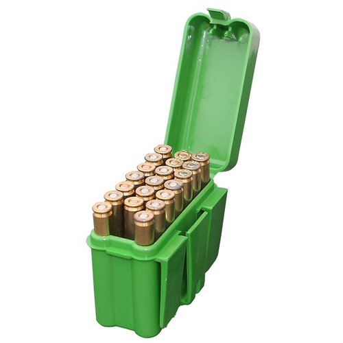 The MTM Ammo Box holds 20 rounds in a convenient belt style, perfect for 300 Winchester Mag, 45-70, and 7mm Rem cartridges, ensuring easy transport and access.