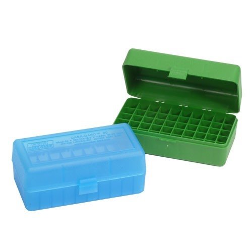 The MTM Ammo Box holds 50 rounds with a secure flip-top design, perfect for storing 223, 270 WSSM, 460, and 500 S&W cartridges, ensuring protection and easy access.