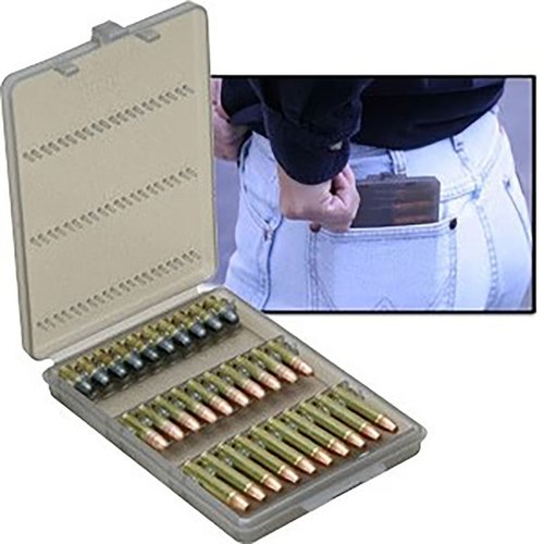 The MTM Ammo-Wallet holds 30 rounds of 22 Long Rifle or 17 HRM Mach 2, ensuring secure storage and easy access for your shooting needs.