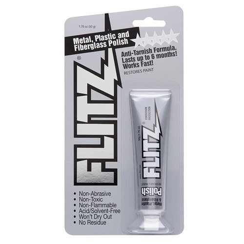 Flitz Polish is a non-abrasive solution that removes tarnish and surface rust, enhancing finishes on metals and plastics while leaving a protective film for up to six months.