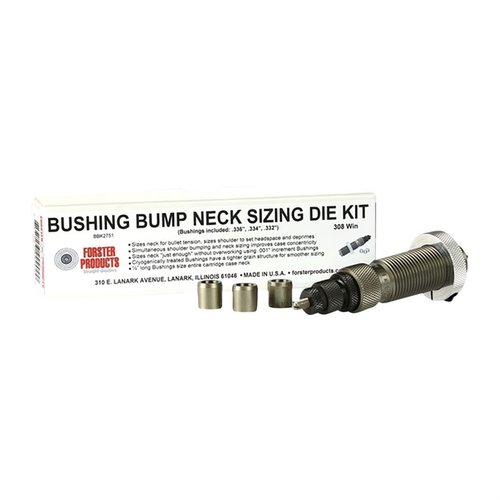 Achieve precise neck tension with Forster's Bushing Bump Neck Die Kit, featuring a polished sizing die and three custom bushings for optimal performance.