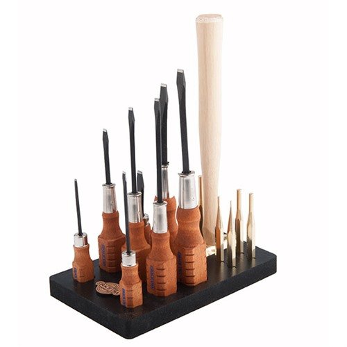 The Grace USA Complete 17-Piece Tool Set offers precision screwdrivers, non-marring brass punches, a balanced hammer, and a durable neoprene block for organized firearm maintenance.