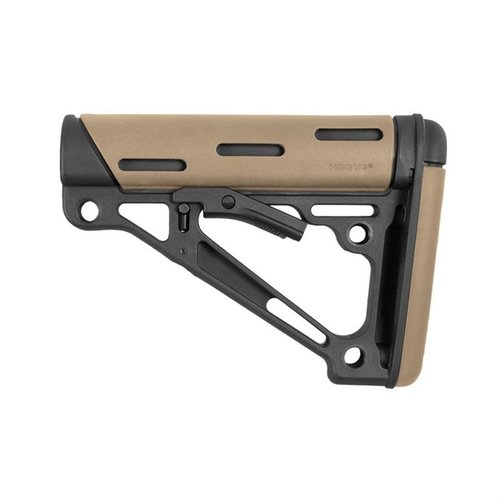 The Hogue OverMolded collapsible buttstock offers a snug anti-rattle fit, rubber cheek rest, hybrid butt pad, and multiple mounting options for Mil-Spec buffer tubes.