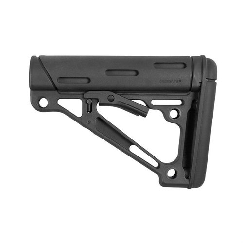 The Hogue AR-15 OverMolded Collapsible Buttstock offers a snug anti-rattle fit, rubber cheek rest, and multiple sling mounting options for enhanced stability.