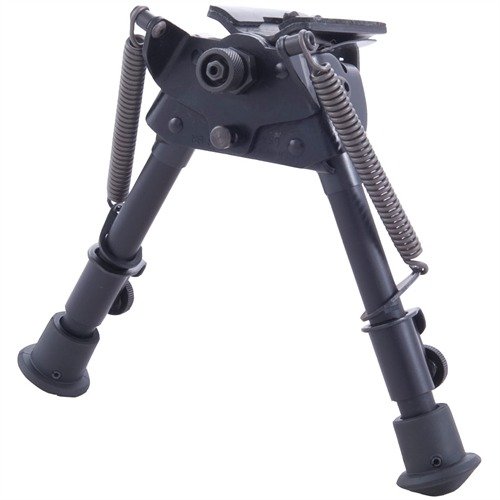 The HARRIS S-BR Bipod Sling Swivel Mount offers quick height adjustment, solid stability, and 45° rotation for precision shooting on uneven ground.