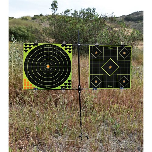 The STEEL FRAME DOUBLE PAPER TARGET STAND features a sturdy 5/16" powder coated steel frame, adjustable bar for various targets, and includes 8 metal clips for easy setup.
