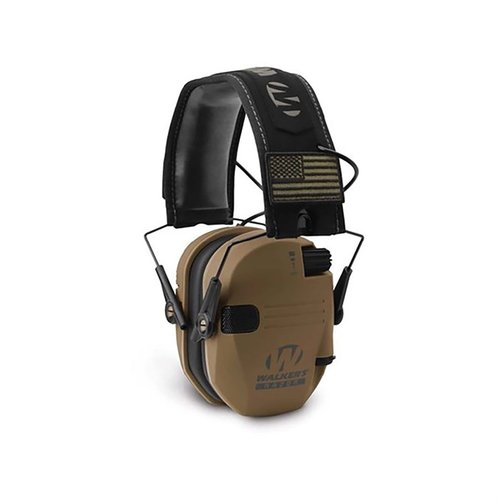 Protect your hearing with Walkers Razor Patriot Series Muffs, featuring 23 dB sound reduction, HD speakers, and a patriotic design for comfort on the range.
