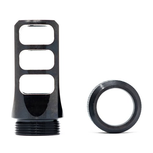 The Faxon MuzzLok 8.6 Blackout Muzzle Brake allows for easy timing and installation without crush washers, enabling quick field attachment and removal.
