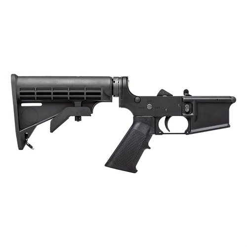 The Aero Precision M4A1 Clone Complete Lower Receiver features custom engravings, enhanced magwell flare, and includes a collapsible stock and lower parts kit.