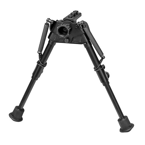 The HARRIS S-BR-MLOK Bipod extends 6-9", attaches directly to M-Lok handguards, is ultralight at 11.7 oz, and swivels for uneven terrain, perfect for bench shooting.
