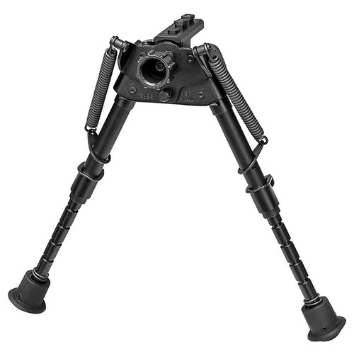 The Harris S-BRM-MLOK Bipod offers adjustable height from 6" to 9", swivels for uneven terrain, and features spring-loaded notched legs for quick deployment.