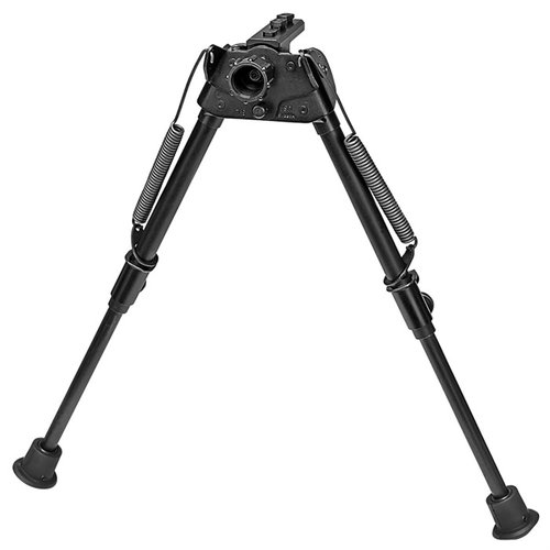 The Harris S-L-MLOK Bipod extends 9" to 13", is ultralight at 12.6 oz, swivels for uneven terrain, and features a built-in sling swivel for easy attachment.