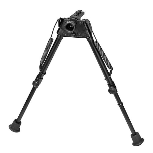 The Harris S-L2-MLOK Bipod extends 9-13", is ultralight at 12.4 oz, self-leveling, and ideal for prone or benchrest shooting, attaching directly to M-Lok handguards.