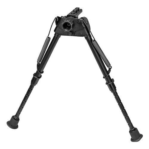 The Harris S-LM-MLOK Bipod extends 9"-13", features notched, spring-loaded legs, swivels for uneven terrain, and is ultralight at 12.6 oz, ideal for precision shooting.