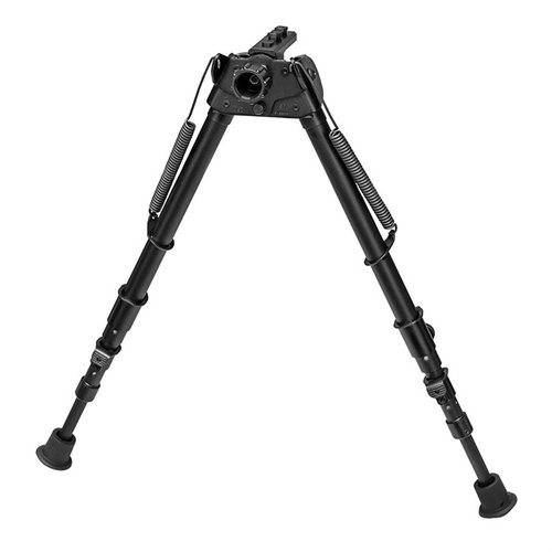 The Harris S-25C-MLOK Bipod extends 13.5" to 27", is ultralight at 18.6 oz, swivels for uneven terrain, and features a built-in sling swivel stud.