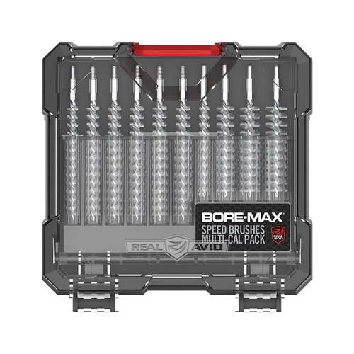 The BORE-MAX SPEED BRUSHES MULTI-CAL PACK offers 10 high-density brushes for fast, effective cleaning, featuring durable nickel-plated phosphor bronze bristles.