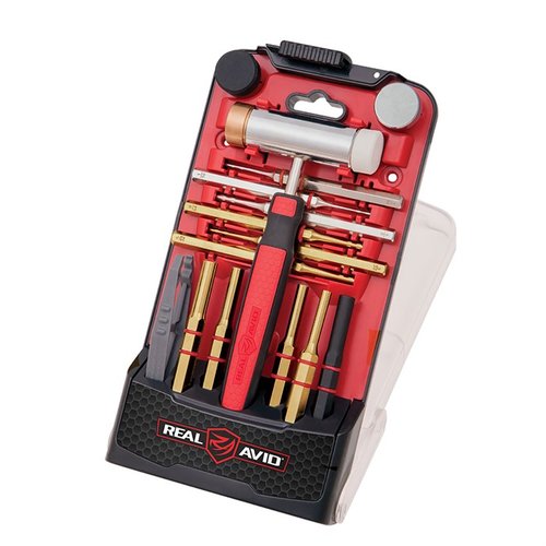 The REAL AVID Accu-Punch Hammer set features ergonomic design, non-marring brass and hardened steel punches, and interchangeable heads for precise gunsmithing.