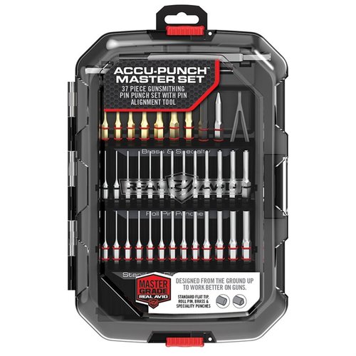 The Real Avid Accu-Punch Master Set features hardened steel punches with nickel plating, hex handles, and a Pin Alignment Tool for precise and easy firearms modifications.