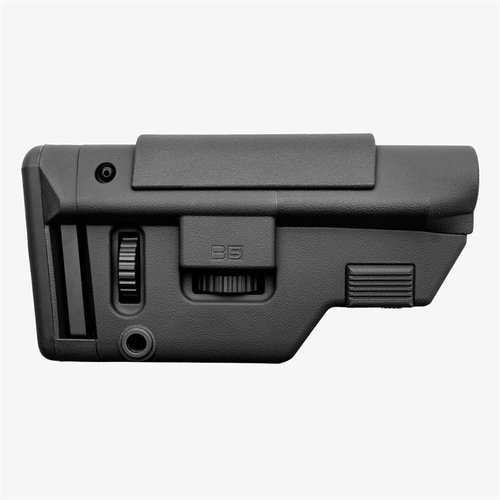 The B5 Systems Collapsible Precision Stock offers adjustable cheekweld, 10 internal tensioners, and M-LOK® attachment, perfect for Mil-Spec carbine extensions.