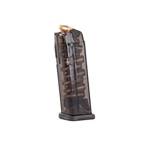 The ETS 10-RD magazine for Glock 19/26 offers lightweight, translucent polymer construction for easy loading visibility, compatibility with Gen 1-4, and reliable performance.